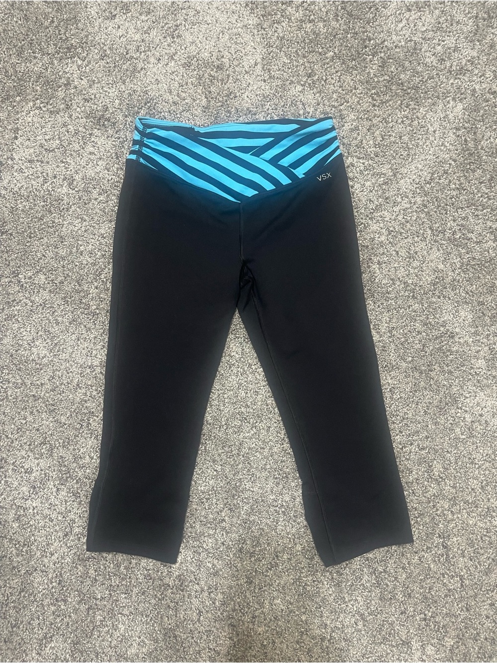 Victoria's Secret Black Capri Leggings with Teal Striped Waistband